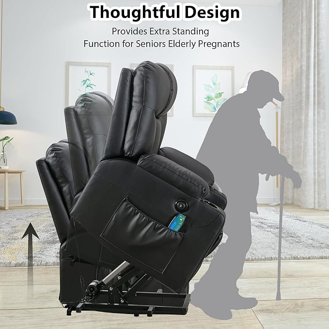Bonzy Home 26" Extra Wide Lift Chair with Heat and Massage, Faux Leather Power Lift Recliner Massage Chair for Adults Elderly, Upholstered Recliner with 2 Cup Holders, Side Pocket