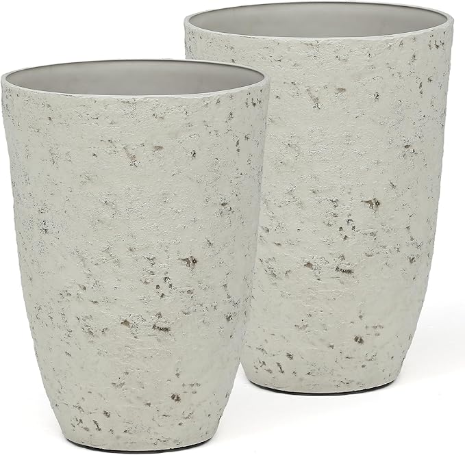 19.5" H Resin Tall Outdoor Planters, Set of 2 Country White Large Flower Pots with Handmade Birch Bark Texture, Heavy-Duty and Weather-Resistant for Year Round Indoor/Outdoor Space