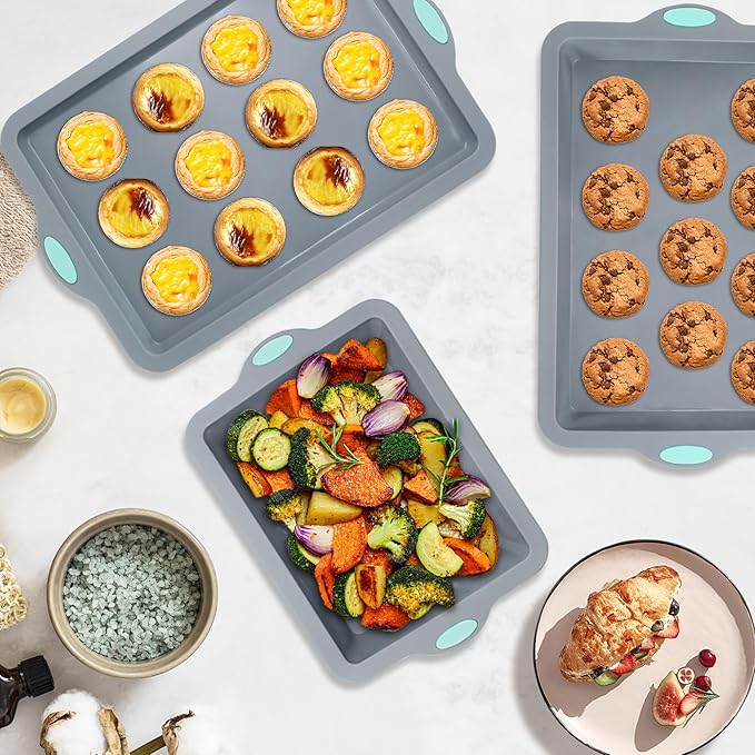 To encounter Silicone Baking Pans Set, 4 Pieces Nonstick Bakeware Set with Baking Pans, Baking Sheets, Cookie Sheets, Cake Pan with Metal Reinforced Frame More Strength, Light Grey