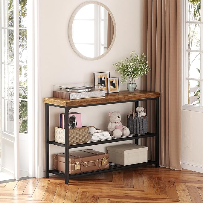 47" Console Table, 3-Tier Entryway Table, Sofa Table with Mesh Shelves, Console Tables for Living Room, Bedroom, Hallway, Entryway, Foyer, Rustic Brown