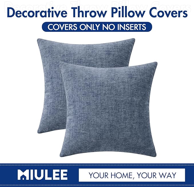 MIULEE Pack of 2 Couch Throw Pillow Covers 18x18 Inch Soft Dark Grey Blue Chenille Pillow Covers for Sofa Living Room Solid Dyed Pillow Cases