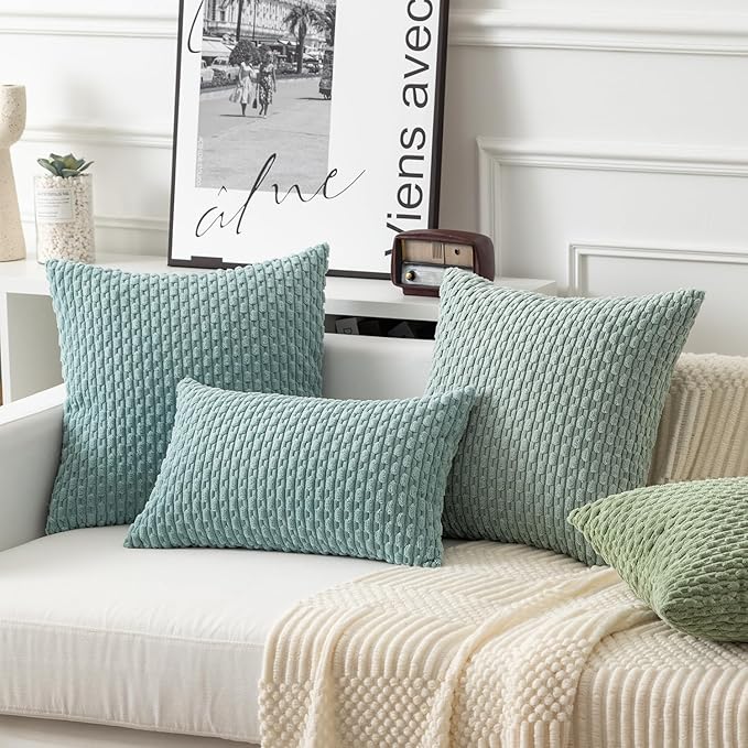 Kevin Textile Throw Pillow Covers Soft Corduroy Decorative Set of 2 Boho Striped Pillow Covers Pillowcases Farmhouse Home Decor for Couch Bed Sofa Living Room 12x20 Inch Dusty Green