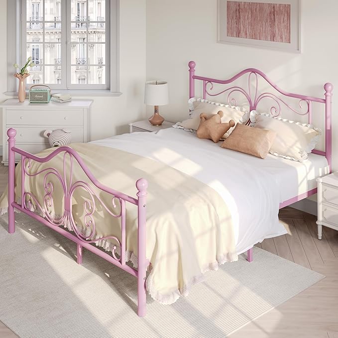 SHA CERLIN Full Size Bed Frame for Kids,Metal Bed Frame with Butterfly Pattern Design Headboard and Footboard,No Box Spring Needed,Easy Assembly,Pink