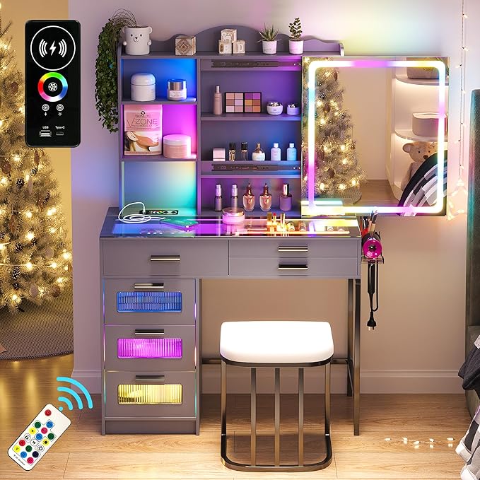 RGB Vanity Desk with Sliding Mirror and Lights, LED Makeup Vanity with Charging Station/Motion Sensor Light, Glass Top Dressing Table Set with Jewelry Box,6 Drawers,Stool for Bedroom(Grey)