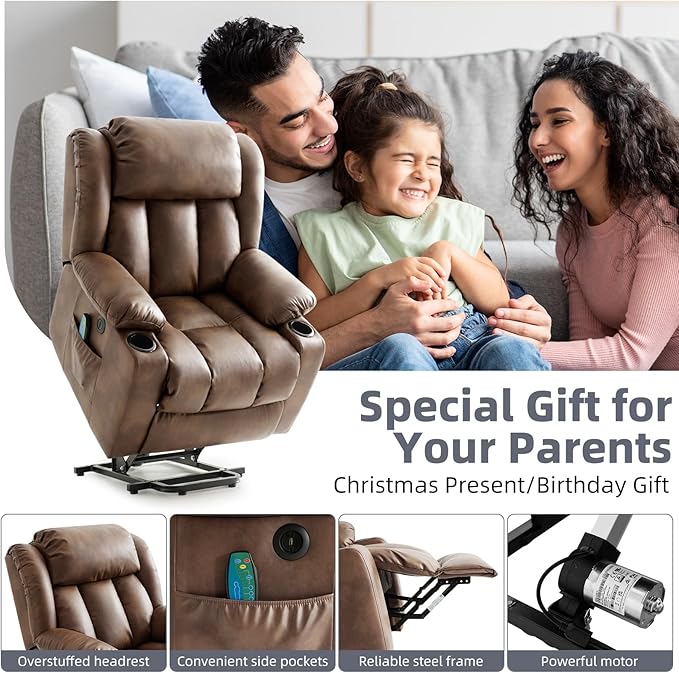 Power Lift Recliner Chair for Elderly, Electric Recliner Chairs for Adults with Massage and Heat, Cup Holders, Remote Control, USB Ports, Side Pockets, Leather (Ochre)