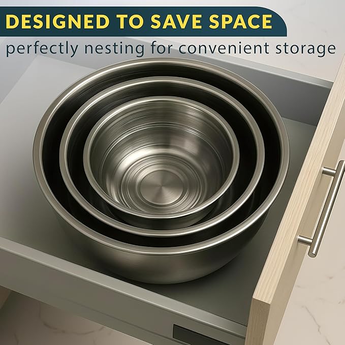 Baker's Signature Stainless Steel Mixing Bowls With Lid, Metal Mixing Bowl Set Of 3, Nesting Set For Food Prep, Baking,Storage, Cooking, Serving | Dishwasher Safe, Silver, 1.5/3/5 Qt