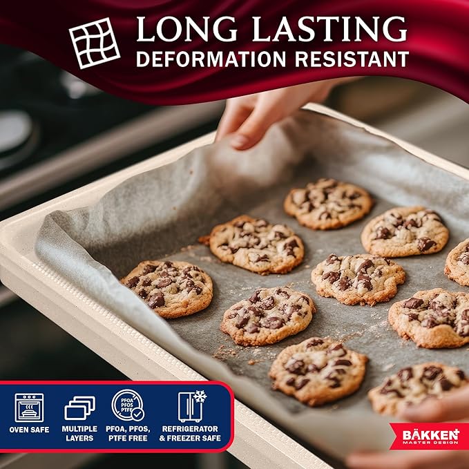 BAKKEN Kitchen Baking Pan - Small, Medium, and Large Cookie Pan (13.58×9.65, 15.75×11, 17.91×12.60), Nonstick, Diamond Texture Bottom, PFOA, PFOS, PTFE Free, Oven Safe (450°F), Pack of 3, White Marble