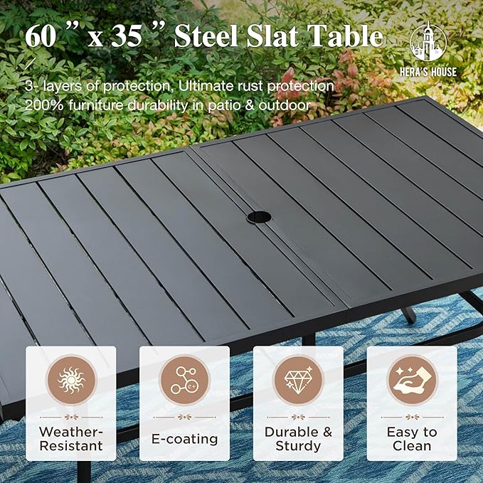 HERA'S HOUSE 7 Pieces Patio Dining Set for 6, Outdoor PE Rattan Chairs and Black Metal Table with 1.57" Umbrella Hole, Outdoor Patio Set for Deck, Balcony, Backyard, Garden