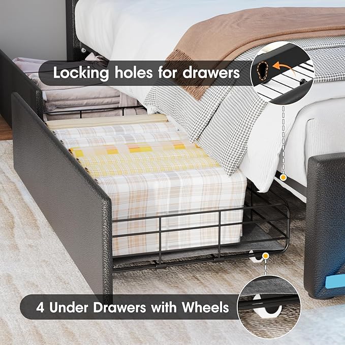 Vabches Twin Bed Frame with Storage Headboard and 4 Drawers,Upholstered Platform with Charging Station and Led Lights,Adjustable Headboard with Pu Leather,No Box Spring Needed,Black