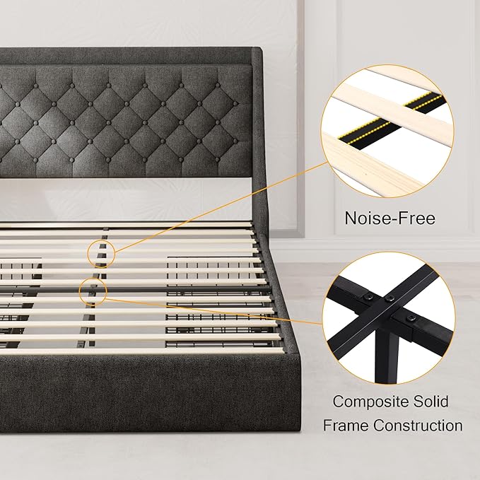 Full Size Bed Frame with 4 Storage Drawers, Upholstered Bed Frame with Large Wingback Headboard, Charging Station, No Box Spring Needed, Dark Grey