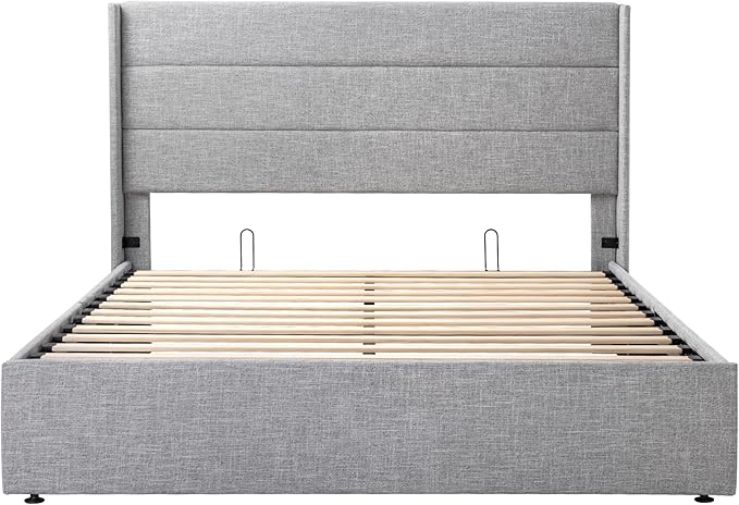 SHA CERLIN Queen Size Lift Up Storage Bed/Modern Wingback Headboard/Upholstered Platform Bed Frame/Hydraulic Storage/No Box Spring Needed/Wood Slats Support/Light Grey