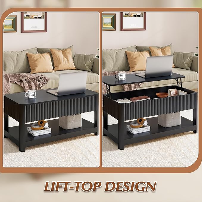 Lift Top Coffee Table with Storage, Mid Century Modern Coffee Table with Hidden Compartment, Fluted Wood Center Table for Small Space, Living Room, Home Office(Black)