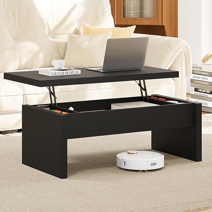 Small Lift Top Coffee Table, Wood Rectangle Coffee Table with Lifting Top and Hidden Storage Compartment, Modern Mid Century Center Tables for Small Space, Living Room, Office-Black