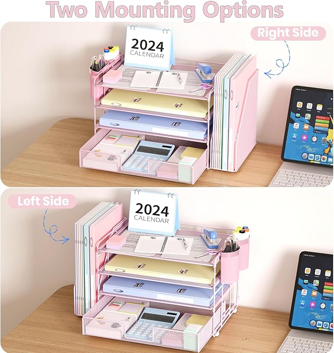 Desk Organizer and Accessories, 4-Tier Desktop File Organizer with Drawer and 2 Pen Holders, Office Desk Accessories for Office Supplies(Pink)