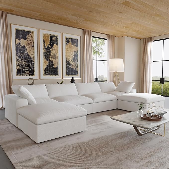 JACH U-Shaped Cloud Couches for Living Room, 6-Seats Modular Convertible Sectional Sofas, Cushion Covers Removable, Comfy Sectional Couch with Chaise Ottomans for Living Room Apartment (White)