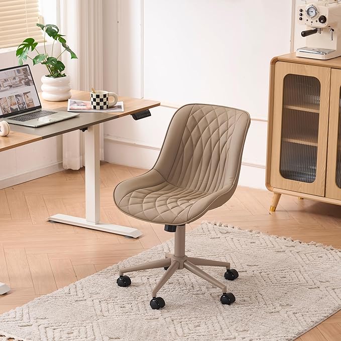 YOUNIKE Khaki Home Office Desk Chair No Arms Comfy Small Vanity Chair Chair with Wheels Swivel Adjustable Modern Ergonomic Task with Back Armless Cute Leather Upholstered Rolling Chair
