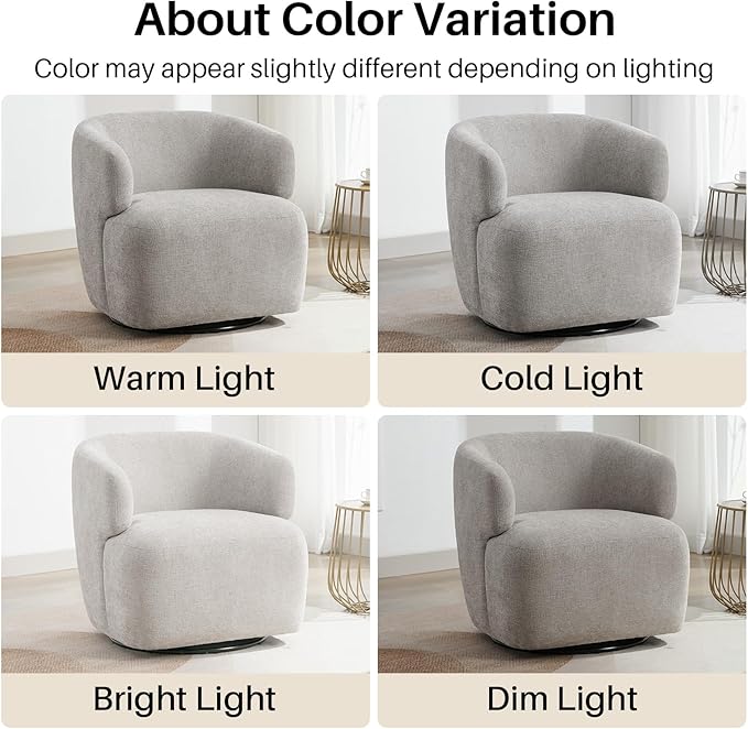 Swivel Accent Chair, Chenille Barrel Chair for Living Room, Cozy Round Boucle Arm Chair, Metal Base for Club Nursery Bedroom, Light Grey