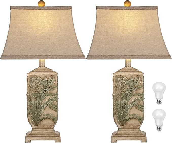 WIHTU 25" Vintage Table Lamps, 3 Color Temperature Palace Retro Beside Lamp Set of 2, Resin Desk Lamp for Livingroom Bedroom Nightstands, Rotary Switch, Carved Leaf(2 Bulbs Included)