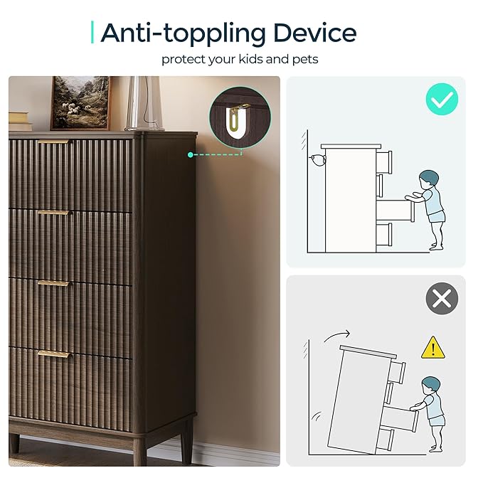 LINSY HOME Fluted Dresser for Bedroom with 8 Drawers, 47" Wide Chest of Drawers, Mid Century Modern Dresser TV Stand with Metal Handle, Wood Closet Storage Cabinet for Living Room, Hallway, Walnut