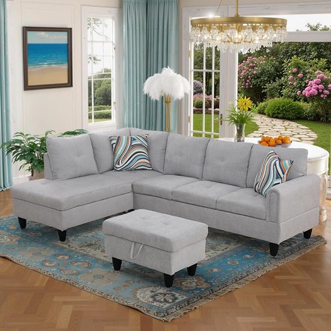 L Shaped Couch Sectional Couches with Chaise and Storage Ottoman, 3 Pieces Modular Convertible Sofa for Living Room Furniture Sets and Small Apartment, Grey