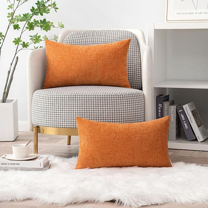MIULEE Fall Pack of 2 Orange Throw Pillow Covers 12x20 Inch Soft Chenille Pillow Covers for Sofa Living Room Couch Solid Dyed Cases