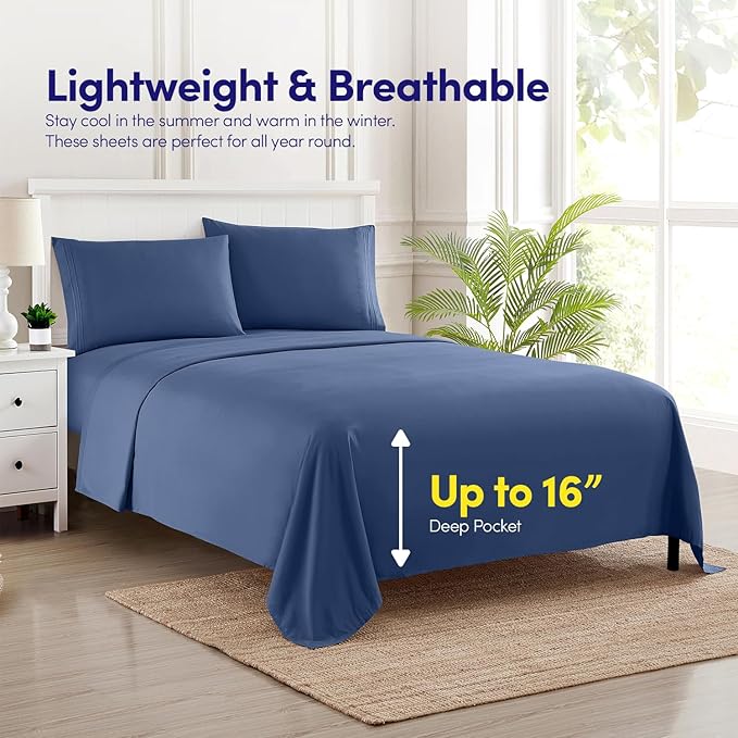 1500 Supreme Collection Twin XL Sheet Sets Denim Blue - 3 Piece Bed Sheets and Pillowcase Set for Twin XL Mattress - Extra Soft, Elastic Corner Straps, Deep Pocket Sheets, Twin XL Denim Blue