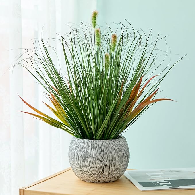 AlphaAcc 16.5" Fake Grass Plant Decorative Faux Greenery in Textured Gray Stripe Planter Lifelike Artificial Potted Plant for Modern Farmhouse Living Room Bedroom Kitchen Office Table Decor