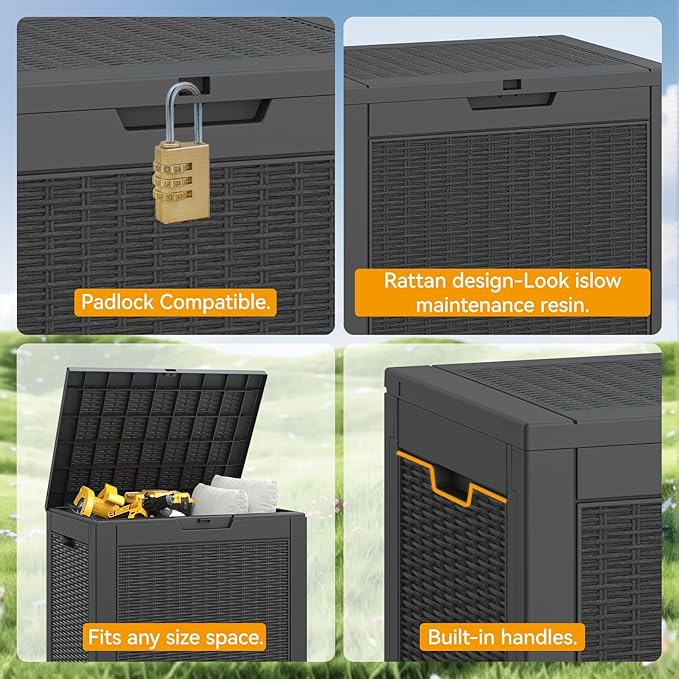 NUNU LAB Outdoor Storage Box, 33 Gallon Resin Deck Box Indoor and Outdoor Use, Waterproof Lockable Patio Storage Bin for Gardening Tools,Package Deliveries,Patio Cushions,UV Resistant,Black