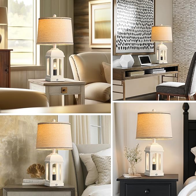 QiMH Table Lamp for Living Room, Farmhouse Lamps with USB A+C and Nightlight, 26" Rustic Bedside Lamps with 3-Way Dimmable Touch Control, Nightstand Lamp for Bedroom, White, 1 Pack