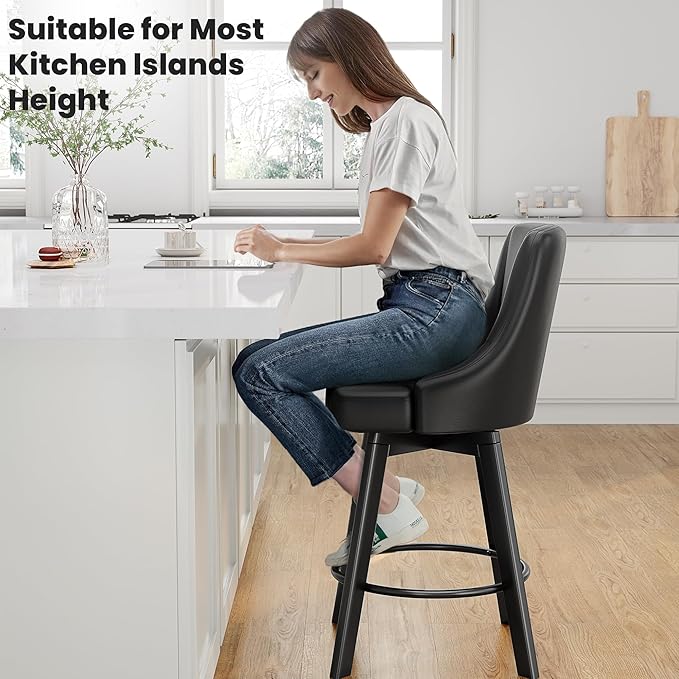 Swivel Bar Stools with Backs, 24" Counter Height Bar Stools Set of 6, PU Leather Upholstered Counter Barstools with Solid Wood Legs for Kitchen Island, Home Bar, Black