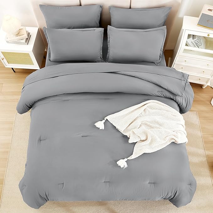 Litanika Queen Comforter Set Medium Gray - 7 Pieces Bed in a Bag Queen Bedding Comforter Sets, Solid Lightweight Bed Set with Comforter, Sheets, Pillowcases & Shams