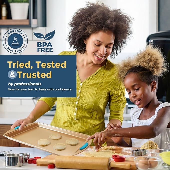 Perlli Cookie Sheet Baking Pan 2 Piece Set, 9x13" Gold Nonstick Trays with Blue Silicone Hand Grips Oven Bakeware Pans Set, Premium Quality Carbon Steel Baking Tray Sheets