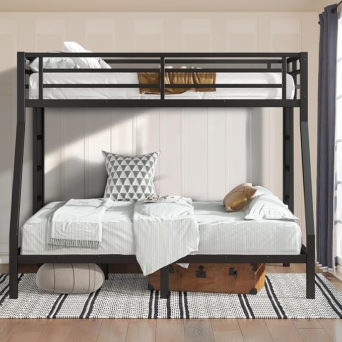 Twin Over Full Bunk Bed Frame, Heavy Duty Metal Loft Bed for Adults/Teens, 250/350LB Capacity w/Ladder & Guardrail, Noise-Free Steel Slats, No Box Spring Required, Black