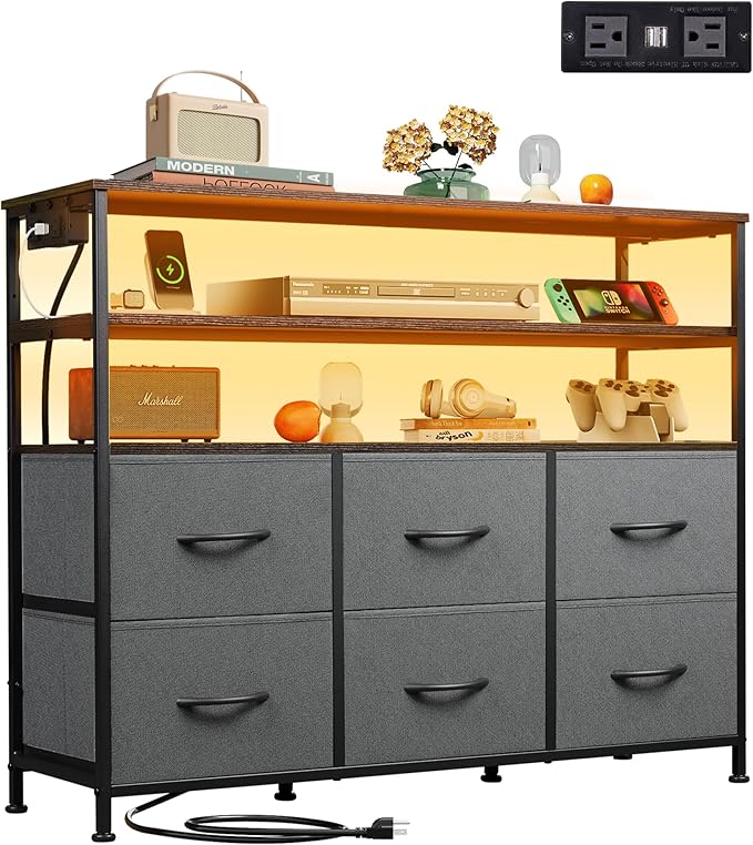 WLIVE Grey TV Stand for 40, 45 inch TV, Entertainment Center with LED Lights & Charging Station, TV Media Console Table with 6 Fabric Drawers and Open Shelves for Living Room, Hallway, Dark Grey