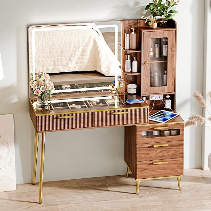 Vanity Desk with 29.53" HD Lighted Mirror, 47.24" Big Modern Vanity Desk with Mirror and Lights, Makeup Vanity with 5 Drawers and Storage Shelves and Charging Station, Walnut1