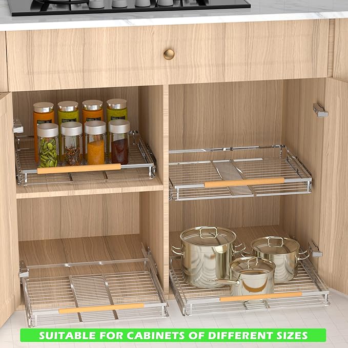 Expandable Pull Out Drawer Cabinet Organizers, Heavy Duty Slide Out Storage Shelf for Home Kitchen Pantry Cupboard Pots Pans, Adjustable Width from 16.2" to 26.2", Stainless 2 Packs