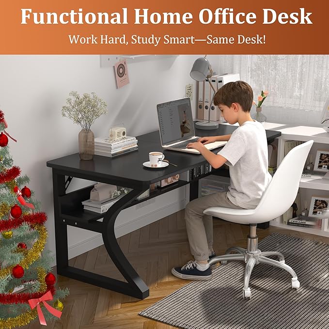 AZN Computer Desk, 55'' Computer Desk, Home Office Desks w/Storage, Home Office Desks w/U-Size Metal Frame for Home Office Bedroom, Study Writing Work Table w/Water-Resistant, Scratchproof Surface