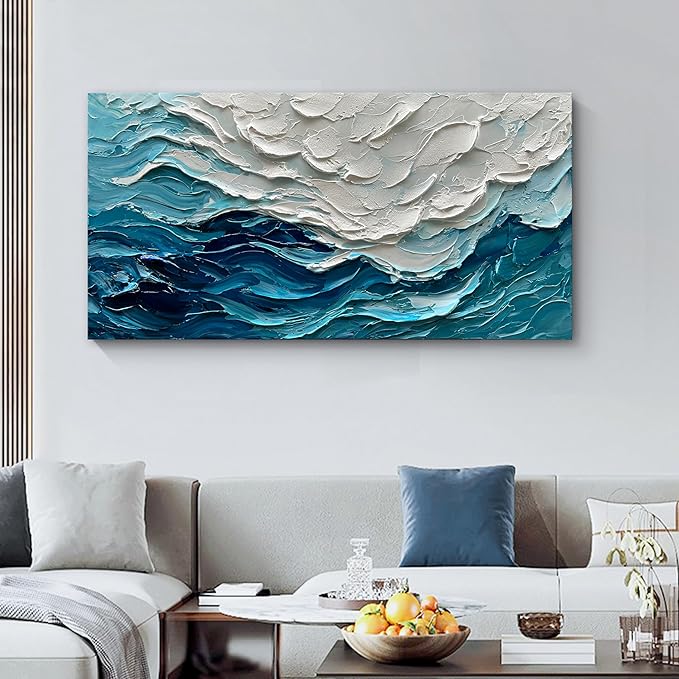 Art 24x48 inch Hand-Painted Blue Ocean Landscape Oil Painting Large Abstract Canvas Art Home Wall Decoration