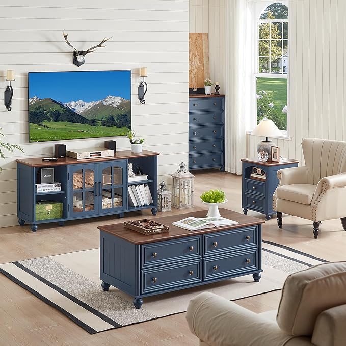 Farmhouse TV Stand for 60 Inch TV, Wood Entertainment Center with Glass Door Storage Cabinet & Adjustable Shelves,Television Stands for 65" TVS, TV Console Table for Living Room,Bedroom,Blue