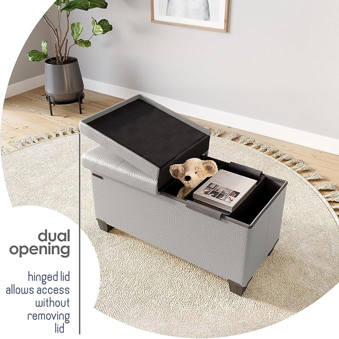 STORAGEBUD Storage Ottoman Bench with Bins, 30-in Storage Bench for Bedroom End of Bed, Folding Foot Rest Ottoman for Living Room Max 660lbs, Faux Leather Ottomans, Light Grey