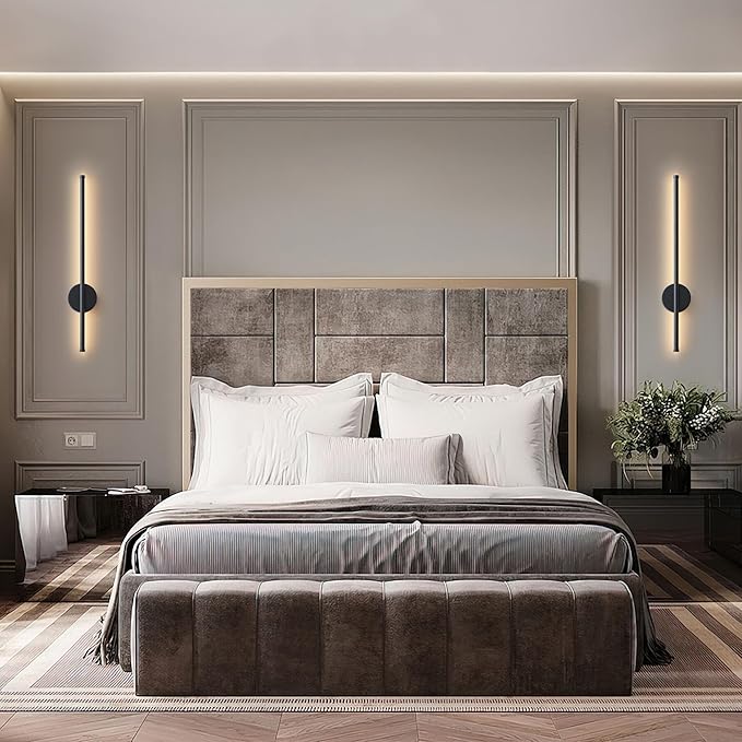 Battery Operated Modern Wall Sconces, Dimmable Wireless Wall Light Set of Two with Remote Control, 3 Color Temperatures, Rechargeable LED Wall Sconce for Bedroom, Living Room, Hallway, 27.6 Inch Black