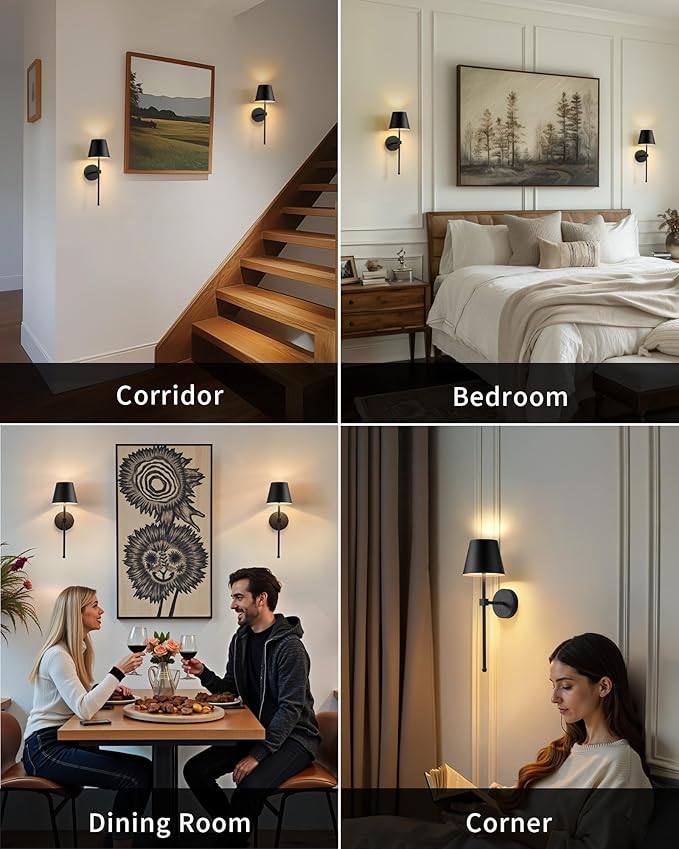 KDG Cordless Wall Sconces Set of 2, Wireless 5200mAh Rechargeable Battery LED Wall Lamps, Wall Lightings for Wall Painting, Outdoor, Garden, Living Room, Bedside, Hallway, Gifts, Night Light (Black)