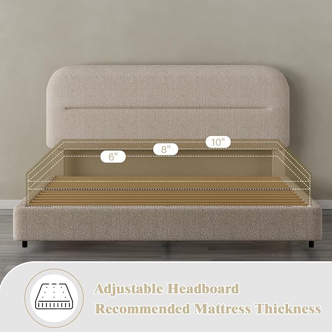 Full Size Boucle Bed Frame, Upholstered Cloud Bed with Headboard, Soft Bed Frames, Modern Style/Thickened Footboard/Rounded Corners Design/No Box Spring Required/Easy Assembly, Beige