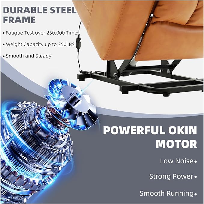 Power Lift Recliner Chair for Elderly, Electric Recliner Chairs for Adults with Massage and Heat, Cup Holders, Remote Control, USB Ports, Side Pockets, Leather (Bright Orange) 