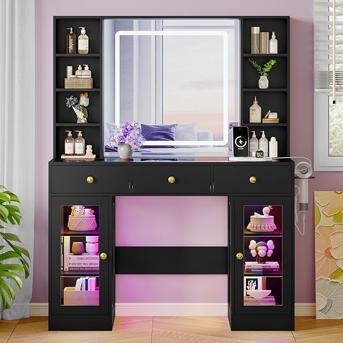 Makeup Vanity Desk with HD Lighted Mirror & Power Outlet, Glass Top Vanity Table Set with Storage Drawers & RGB Cabinets, Large Dressing Table with 3 Lighting Modes for Bedroom Women Girls Kids, Black