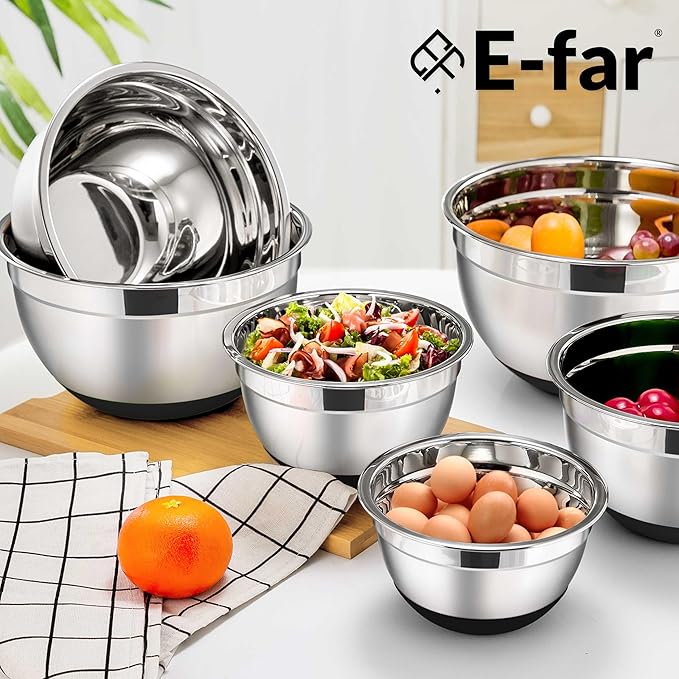 E-far Stainless Steel Mixing Bowls with Lids Set, 5-Piece Nesting Salad Bowls with 3 Grater Attachments and Non-Slip Bottoms, Size 4.6, 2.6, 2, 1.5, 1QT for Kitchen (Black)