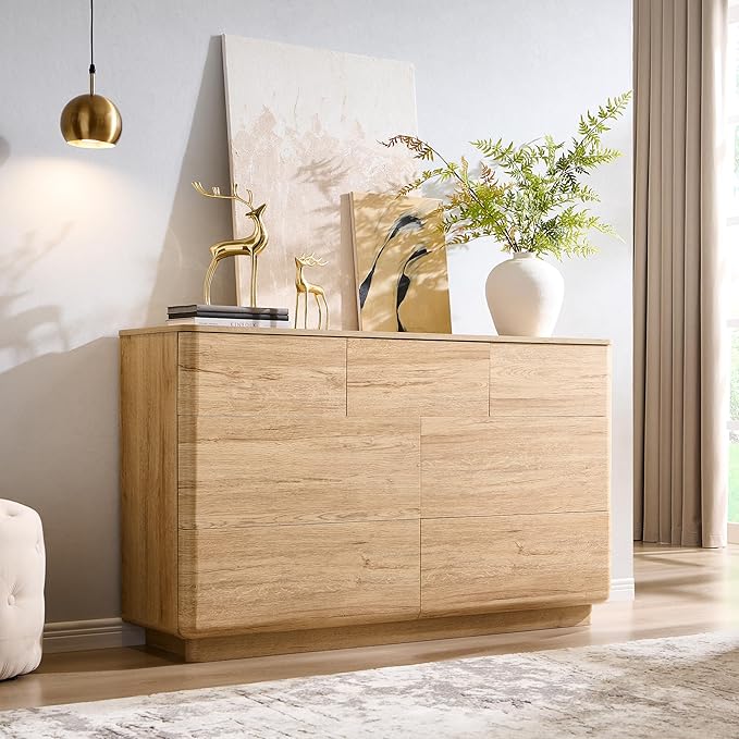 Modern 7 Drawer Dresser for Bedroom, 52" Wide Handleless Chest of Drawers, Large Push-to-Open Wood Storage w/Curved Profile, Dresser TV Stand for Bedroom, Living Room, Hallway, Natural Oak