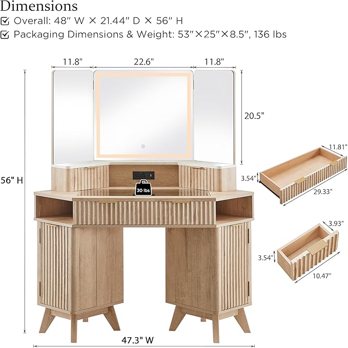 T4TREAM Fluted Makeup Vanity Desk with 3 Way Mirror and Lights, 48" Large Corner Vanity Table with Glass Top, Charging Station, 3 Drawers, Storage Cabinets & Shelves, for Bedroom, Natural Oak