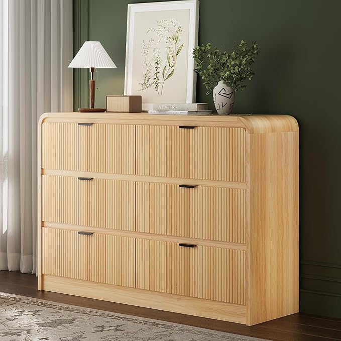 FURSUN Fluted 6 Drawers Dresser for Bedroom, 54" Wide Wooden Dresser with Metal Handle, Curved Profile Design, Modern Storage Organizer for Living Room, Hallway (Natural Oak)