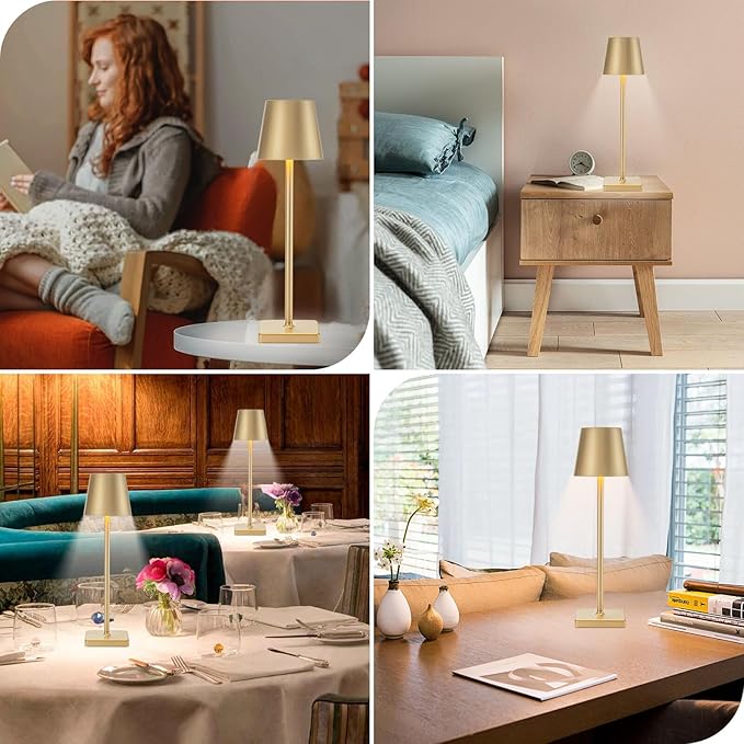 2 Pack Rechargeable Cordless Table Lamps, 5200mAh Battery Touch Table Light, Aluminum Shell Stepless Dimmable Portable LED Desk Lamp for Dinner/Restaurant/Outdoor Gold